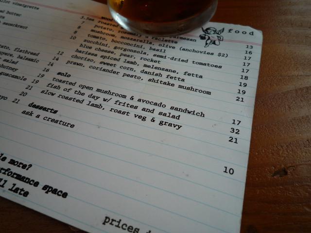 Menu at Little Creatures